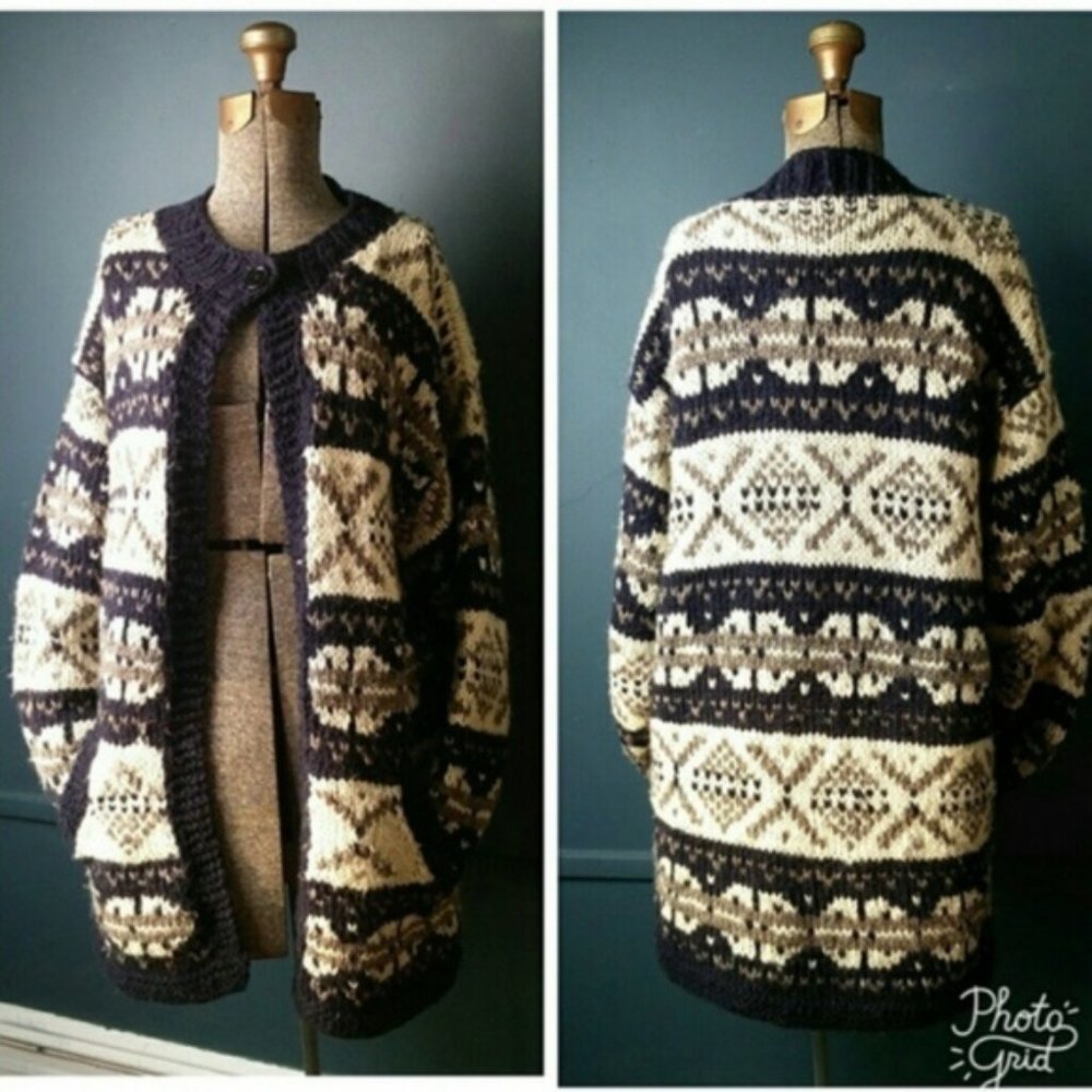 Handmade Vintage Fair Isle knit 100% wool open front Cowichan cardigan jacket M